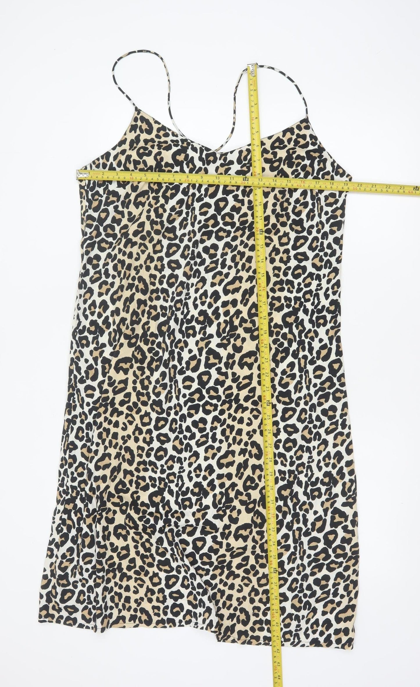 Brave Soul Women Beige Leopard Print Slip Dress L Strappy Knee Length