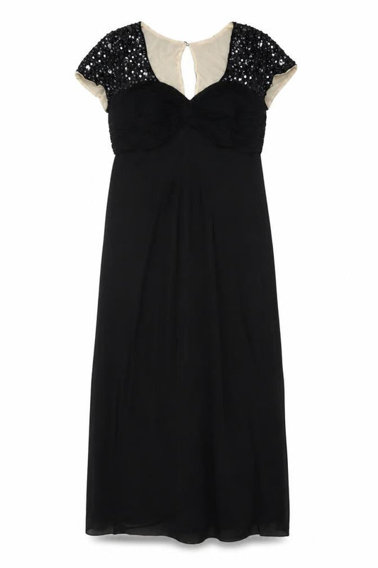 Berkertex Women Black UK 12 Maxi Evening Dress Sequin Cap Sleeve