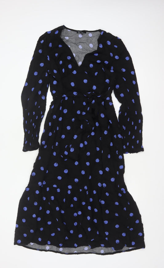 Nobody's Child Women Black Blue Polka Dot Wrap Midi Dress UK 12