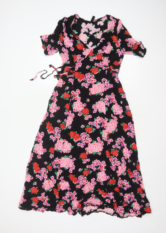 Nobody's Child Women Black Floral Wrap Maxi Dress UK 8 V-Neck