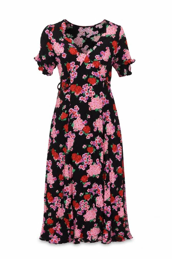 Front view of Nobody's Child Women Black Floral Wrap Maxi Dress UK 8 V-Neck