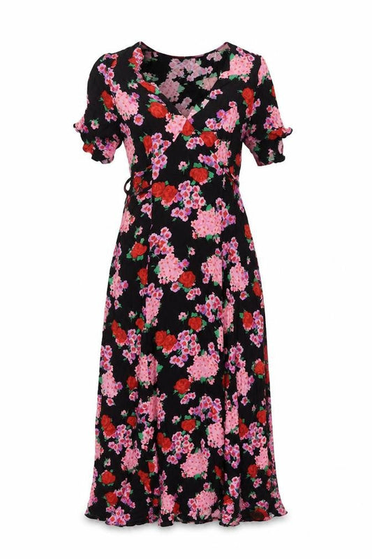 Nobody's Child Women Black Floral Wrap Maxi Dress UK 8 V-Neck