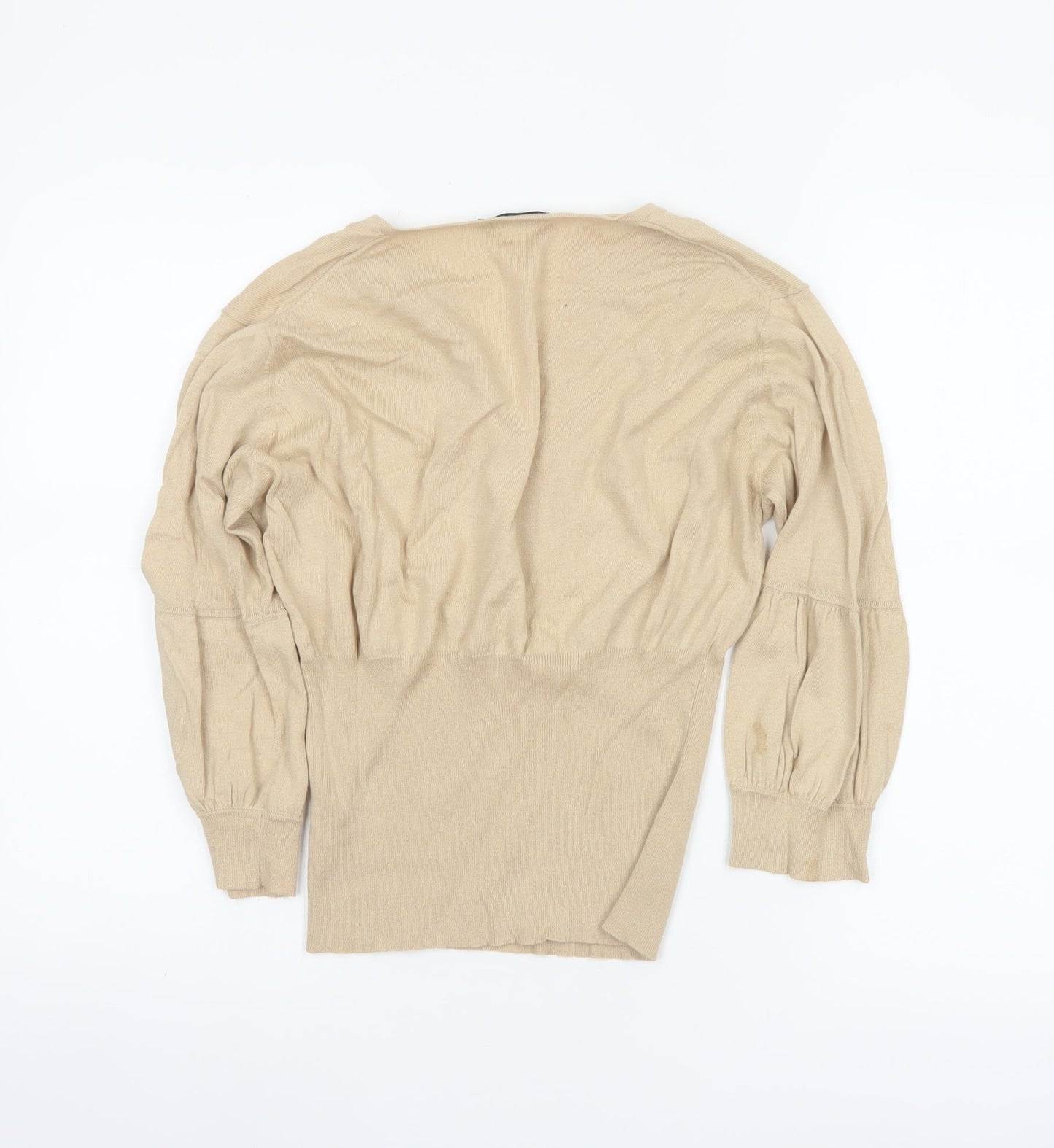 Linea Women Beige M Cotton Cashmere V-Neck Balloon Sleeve Jumper