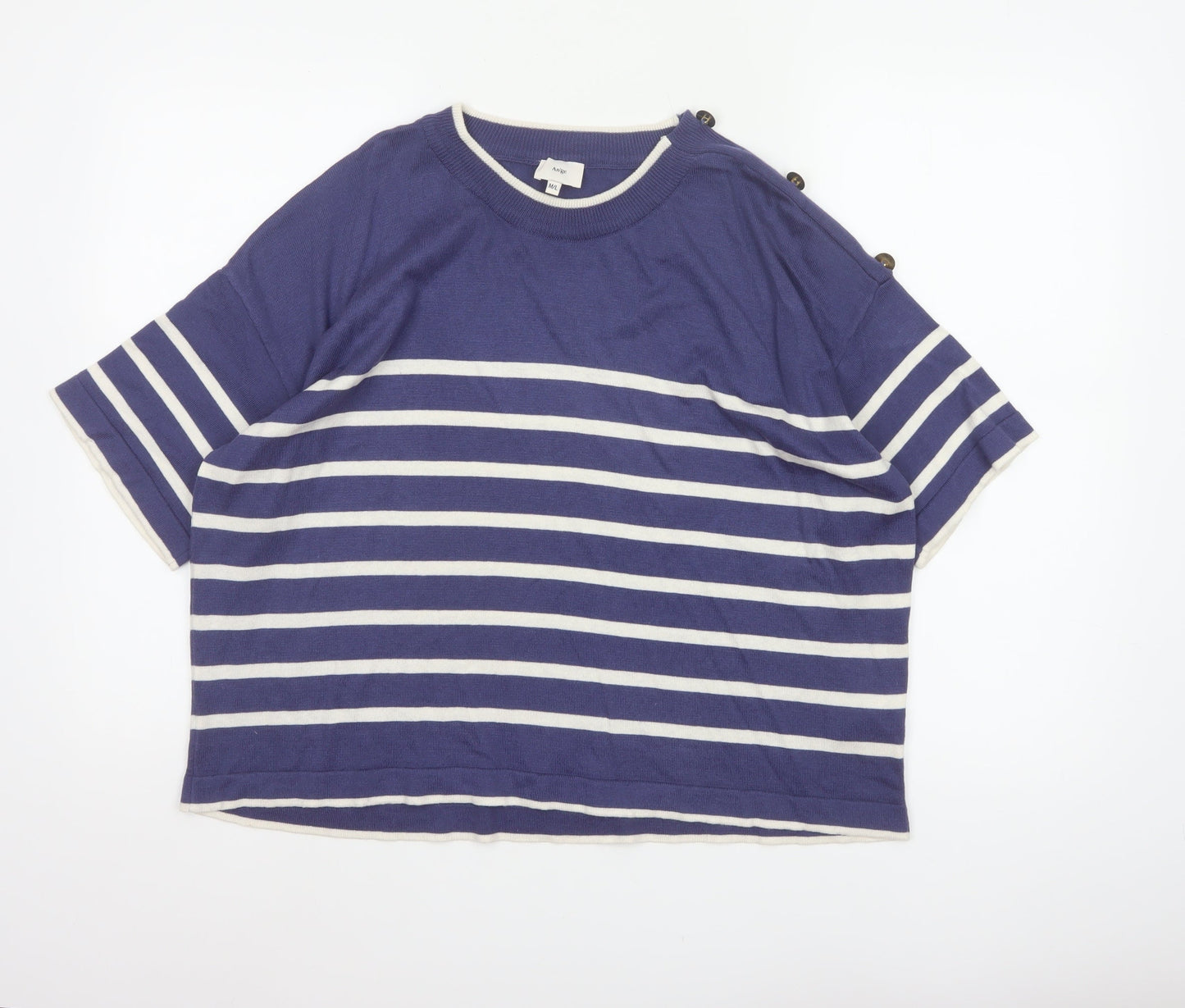 An'ge Women's Blue White Striped Knit M Short Sleeve Button Shoulder Jumper