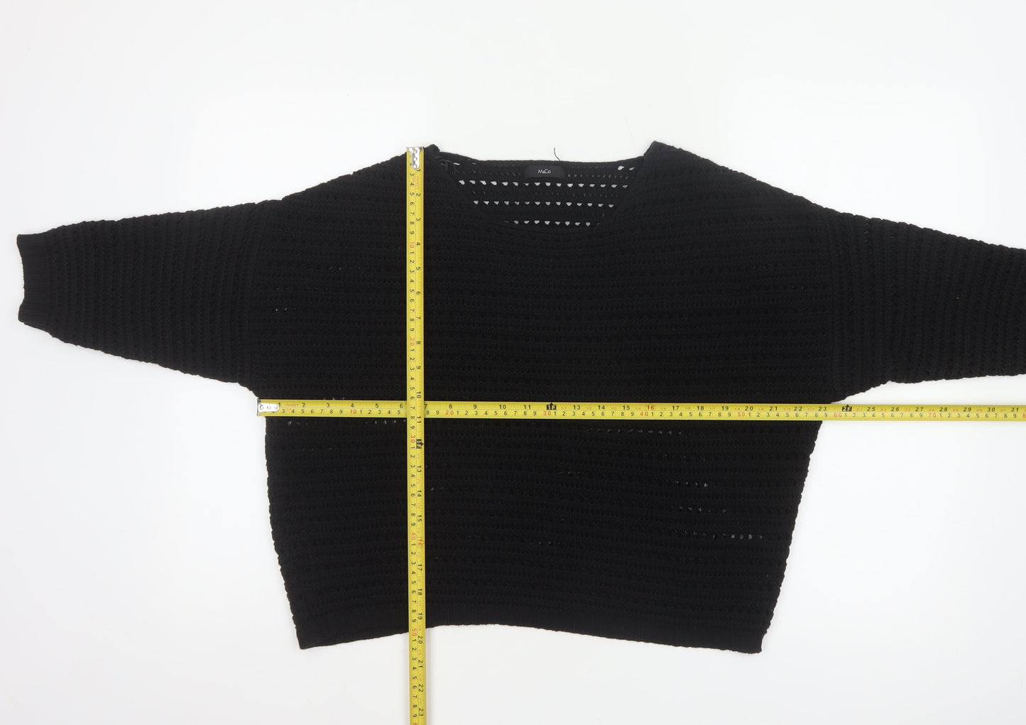 M&Co Women Black Size 14 Open Knit 3/4 Sleeve Pullover Jumper