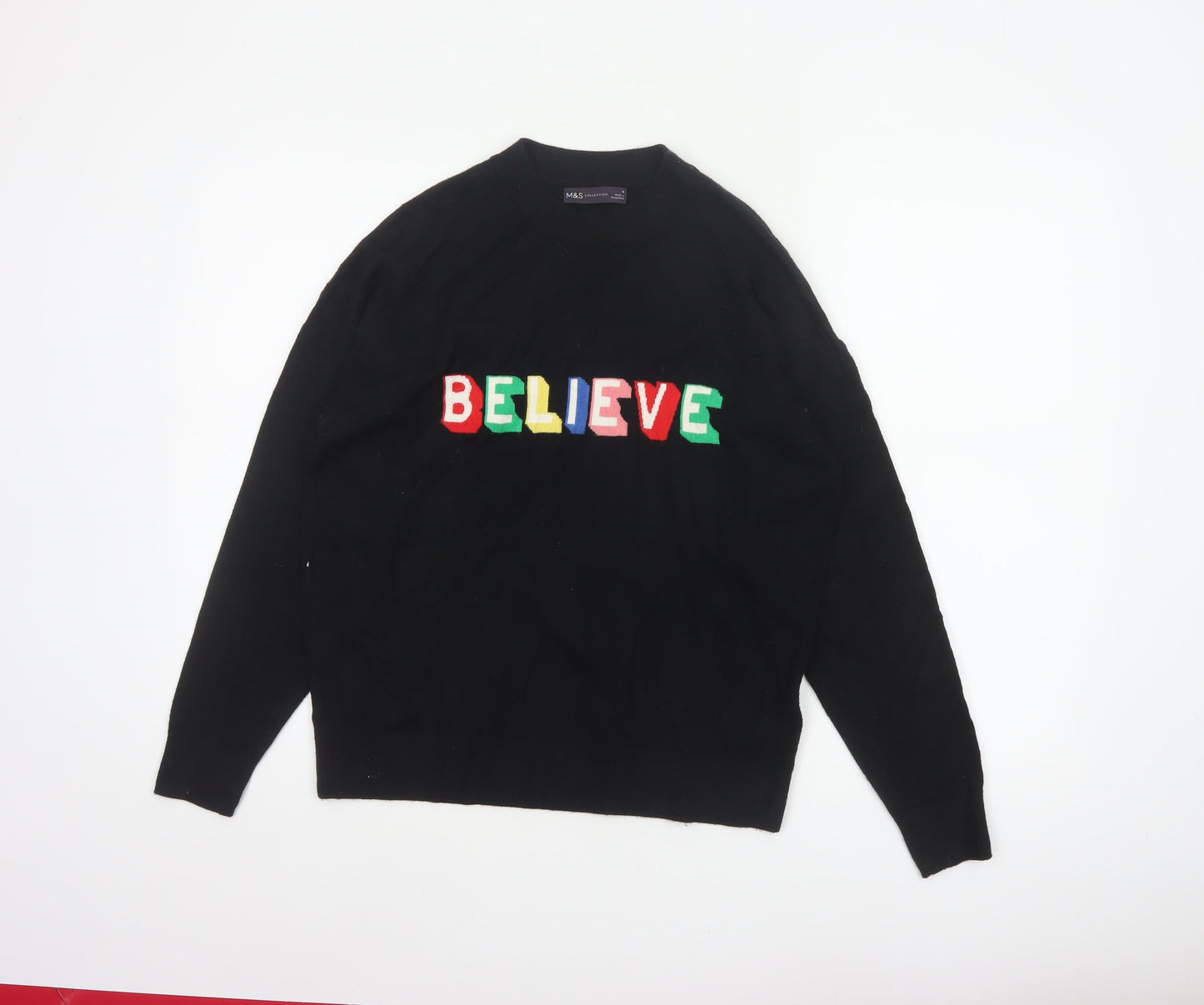 M&S Women’s Black M Believe Embroidered Mock Neck Knit Jumper