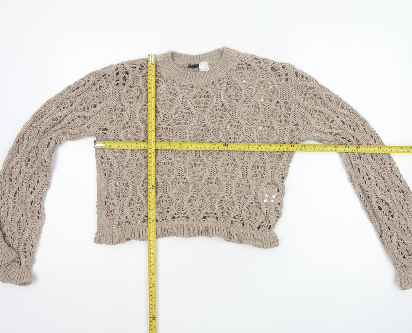 H&M Divided Women Beige S Cable Knit Open-Knit Cropped Pullover Jumper