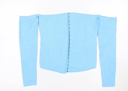 Zara Women Blue Off Shoulder Cropped Knit Hook & Eye Top Size L