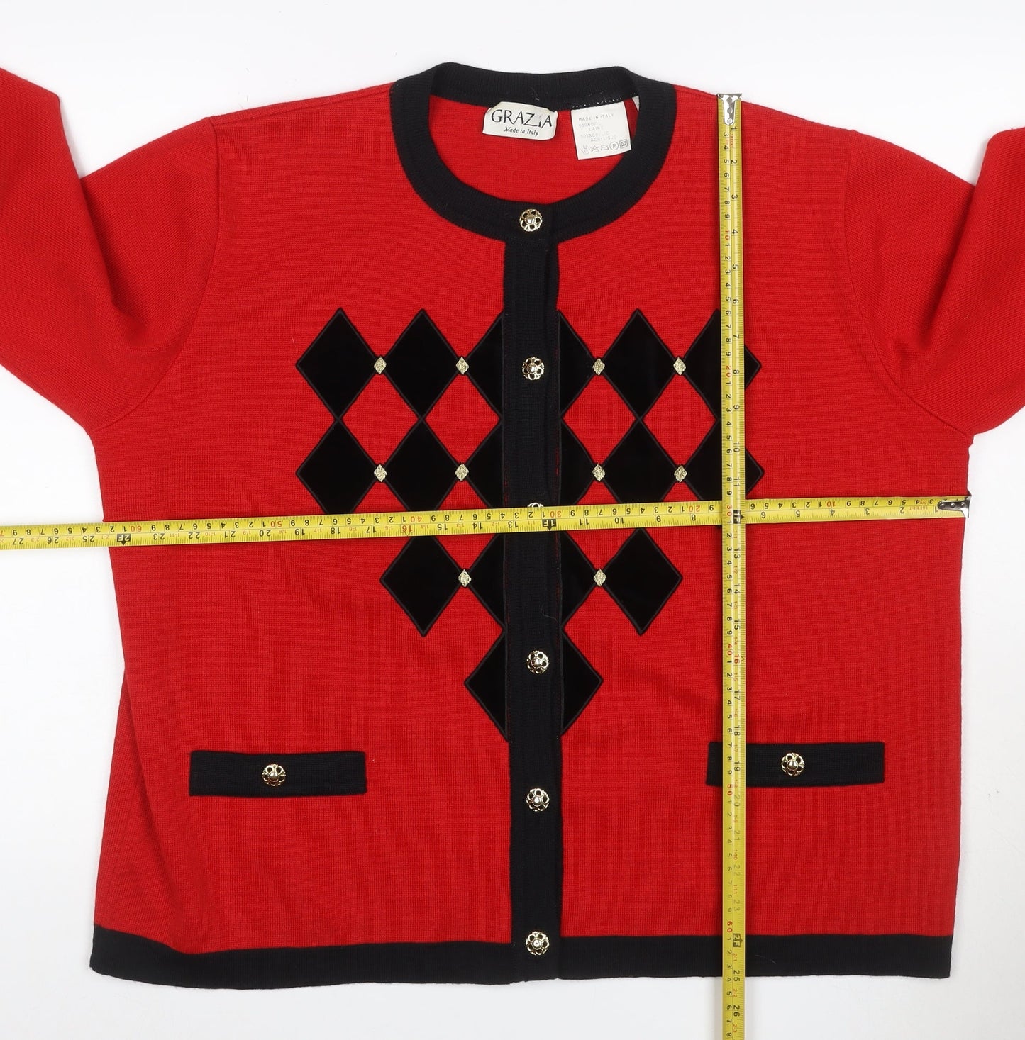 Grazia Women Red Black Argyle Cardigan UK 22 Wool Blend Long Sleeve