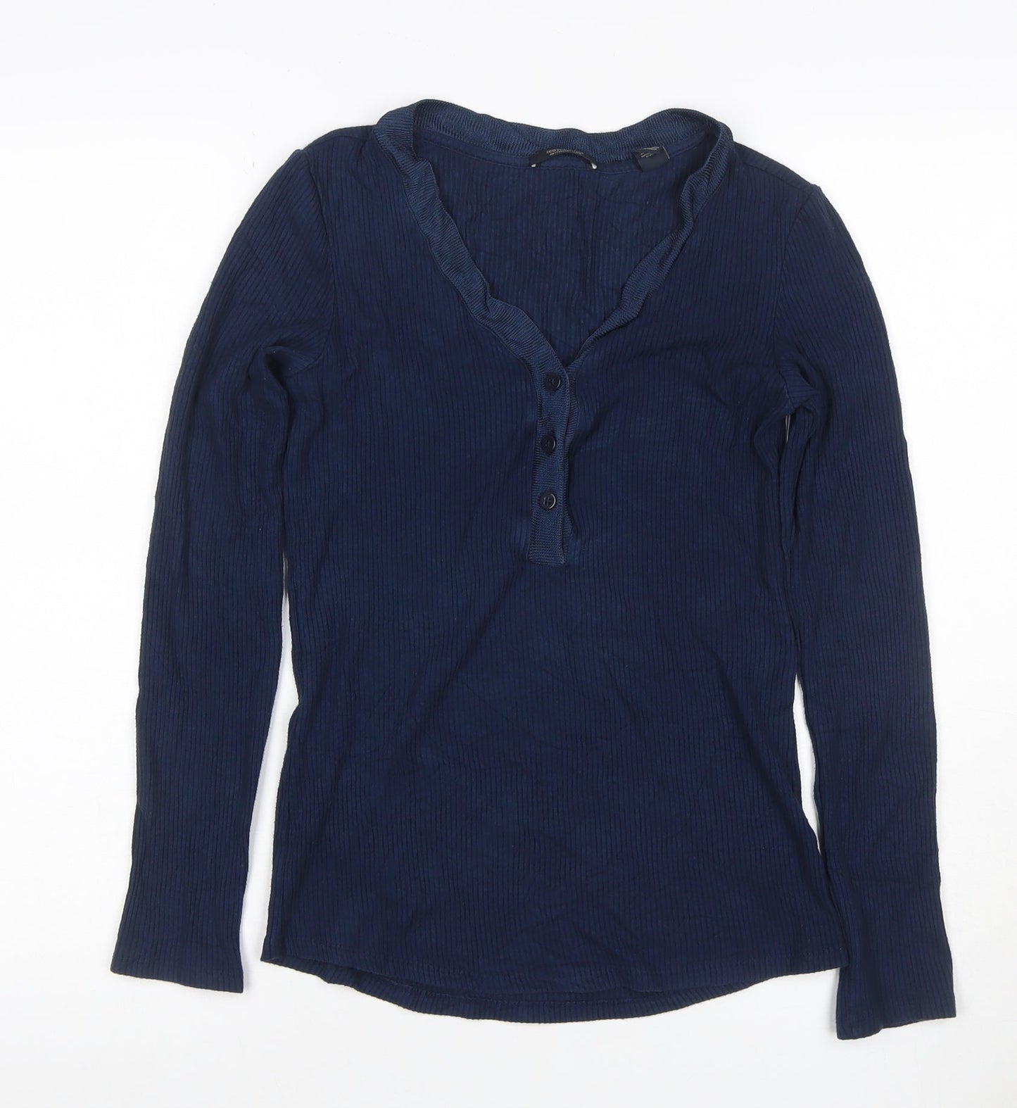 Scotch & Soda Women Blue S Ribbed V-Neck Ruffle Button Long Sleeve Top