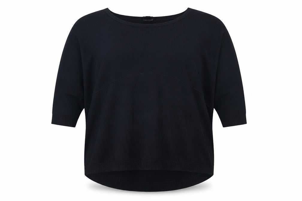 Front view of COS Women Black L Viscose Knit Tunic Top 3/4 Raglan Sleeve