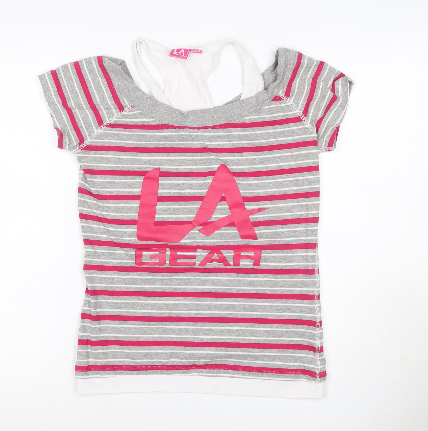LA Gear Women’s Grey Pink Striped Layered V-Neck T-Shirt UK 12