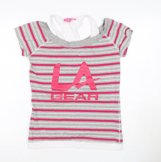 LA Gear Women’s Grey Pink Striped Layered V-Neck T-Shirt UK 12