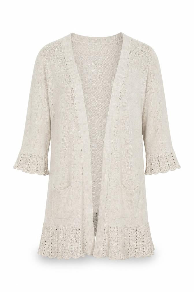 Front view of Principles Women Beige UK 16 Open Knit Waterfall Cardigan Bell Sleeve