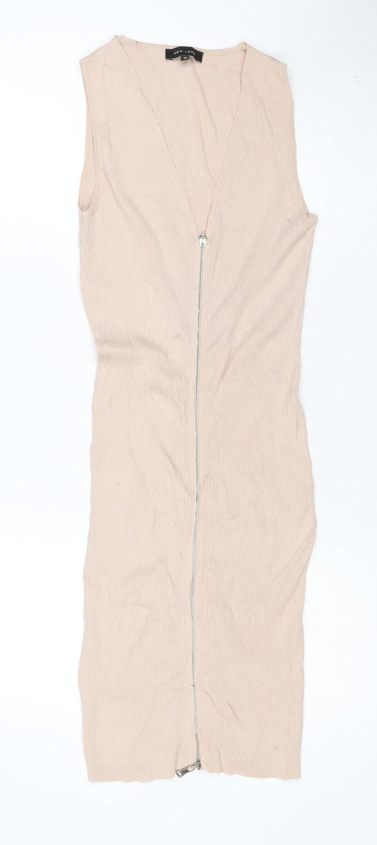 New Look Women Beige Size 10 Long Ribbed Knit Bodycon Zip Dress
