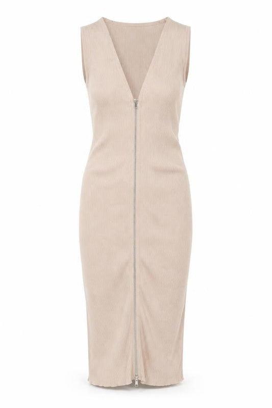 New Look Women Beige Size 10 Long Ribbed Knit Bodycon Zip Dress