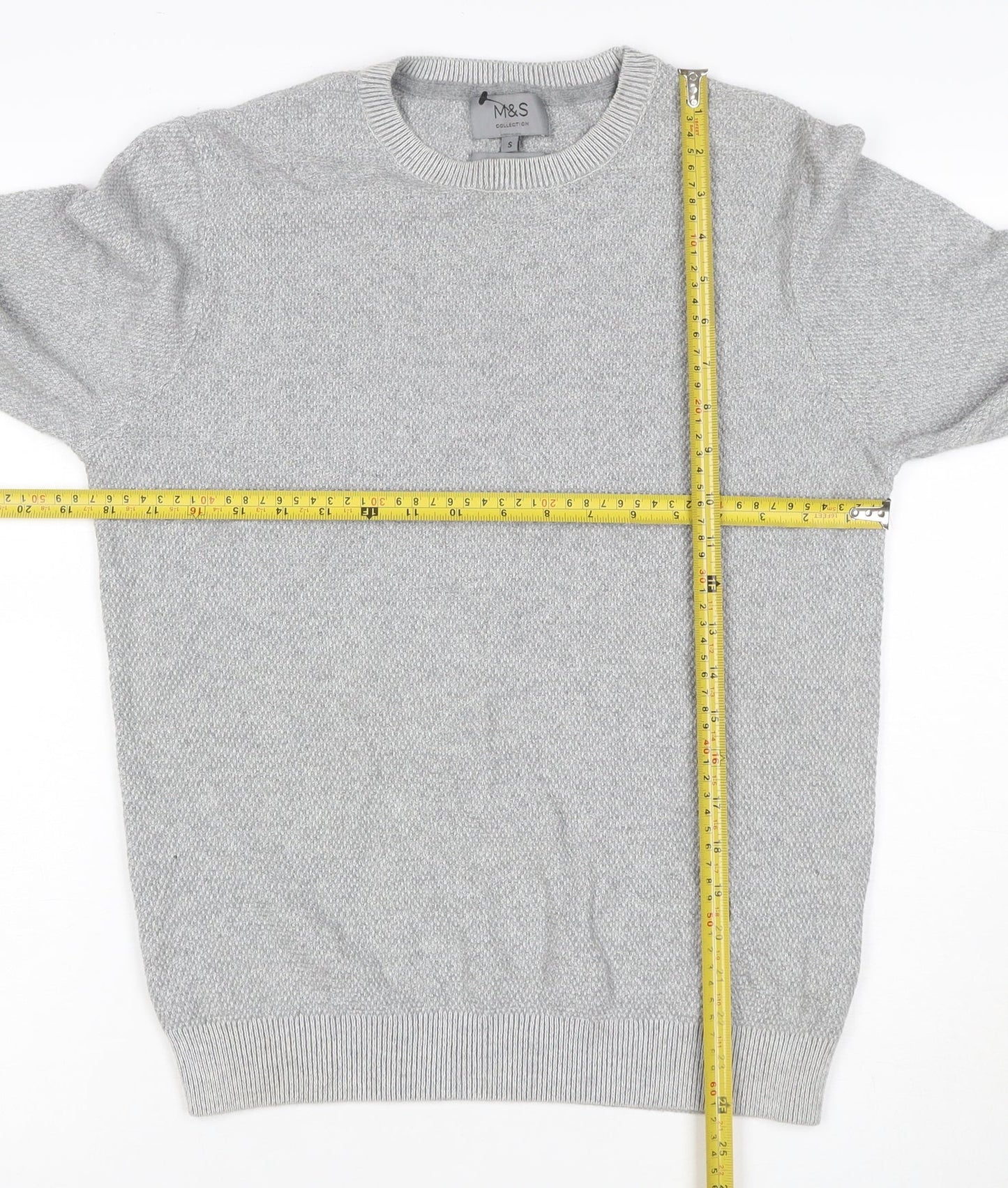 Marks and Spencer Men Grey S Cotton Crew Neck Knit Pullover Jumper
