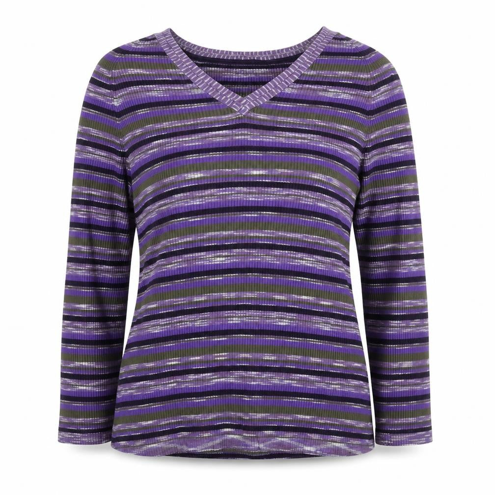 Country Casuals Women's Purple Striped V-Neck Rib Knit Pullover Jumper M