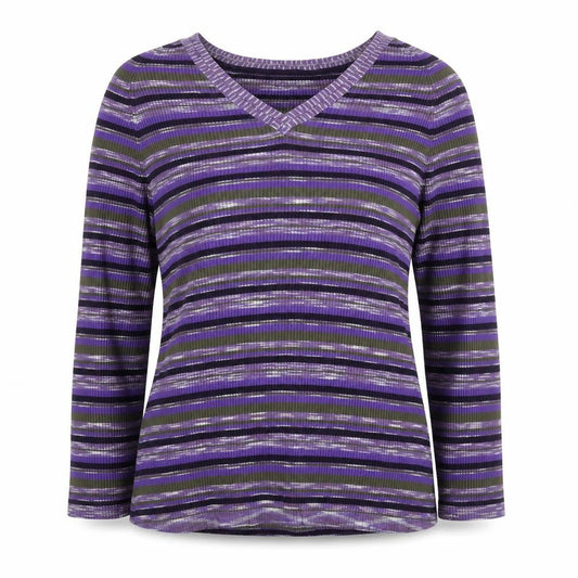Country Casuals Women's Purple Striped V-Neck Rib Knit Pullover Jumper M