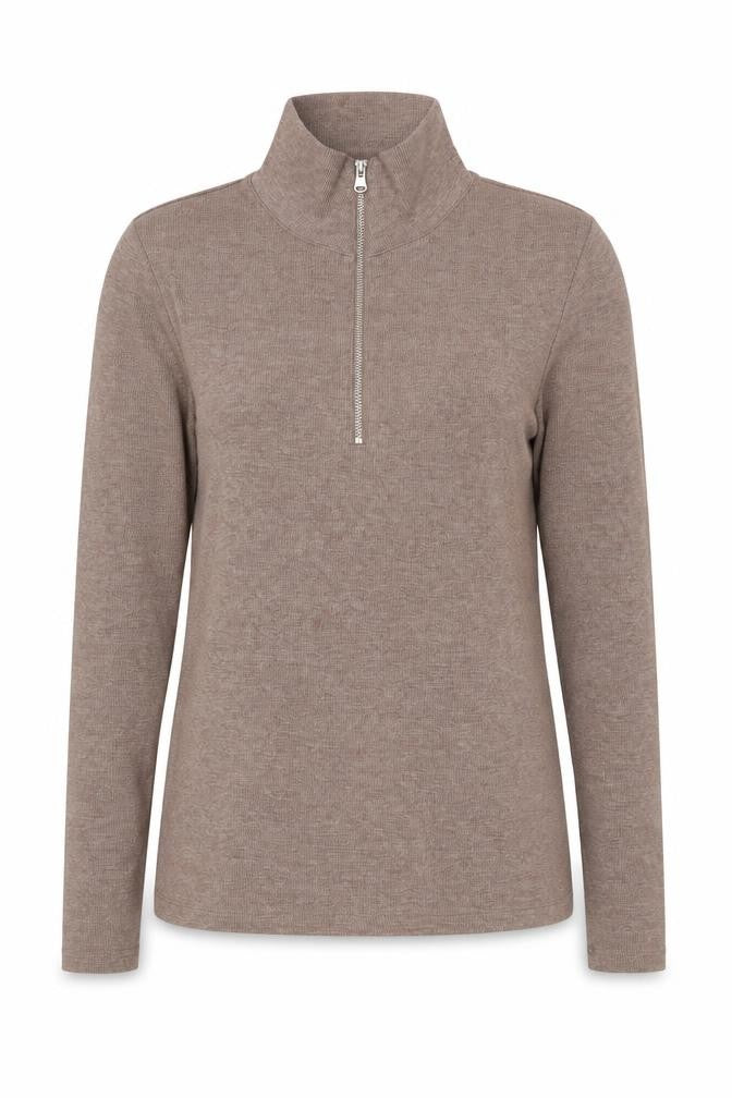 Marks & Spencer Women Brown UK 8 Ribbed Half Zip High Neck Long Sleeve Top