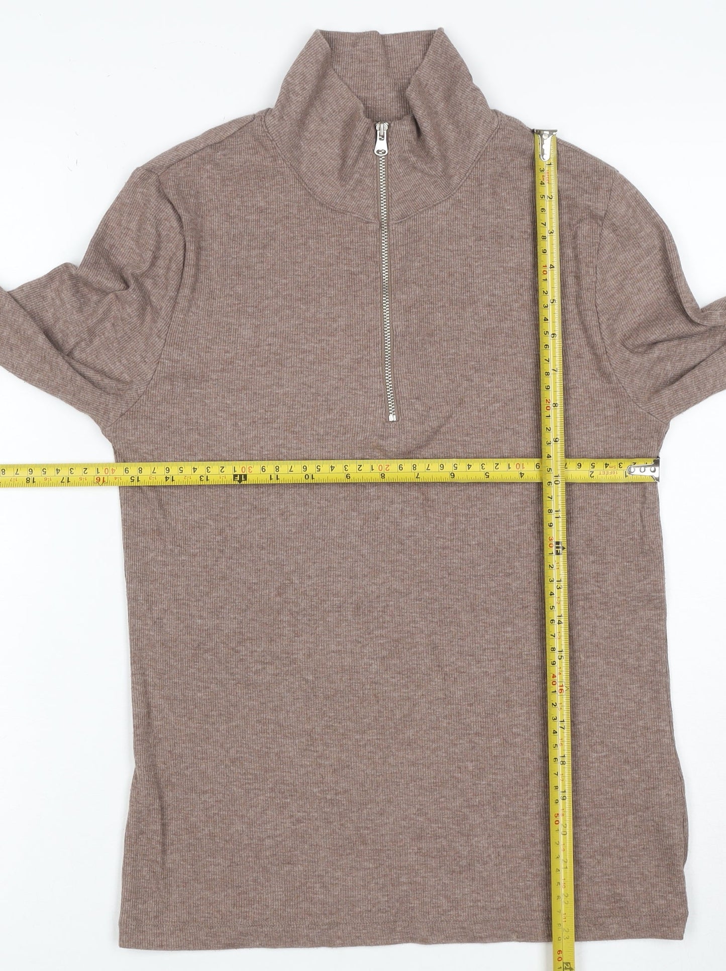 M&S Women Brown UK 8 Ribbed Half Zip High Neck Long Sleeve Top