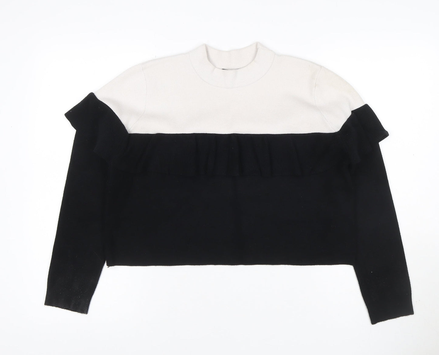 Zara Women’s Black & Ivory S Ruffle Mock Neck Colour Block Knit Jumper