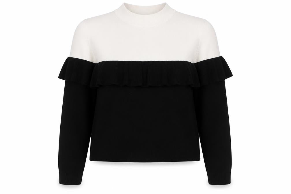 Zara Women’s Black & Ivory S Ruffle Mock Neck Colour Block Knit Jumper