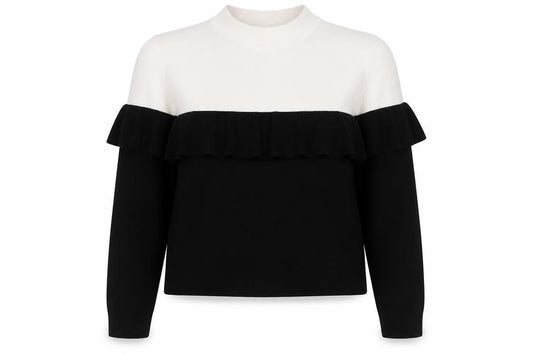 Zara Women’s Black & Ivory S Ruffle Mock Neck Colour Block Knit Jumper