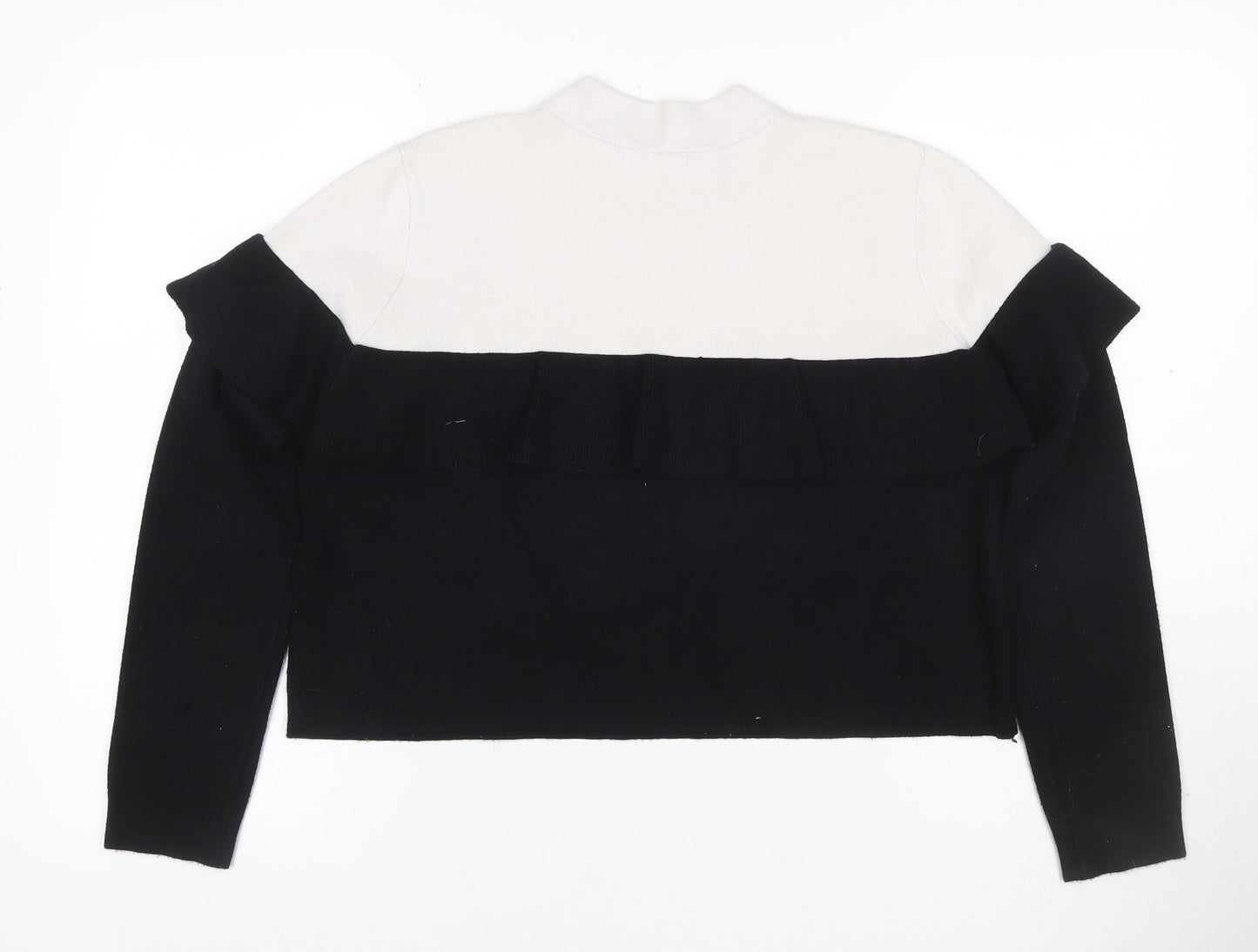 Zara Women’s Black & Ivory S Ruffle Mock Neck Colour Block Knit Jumper
