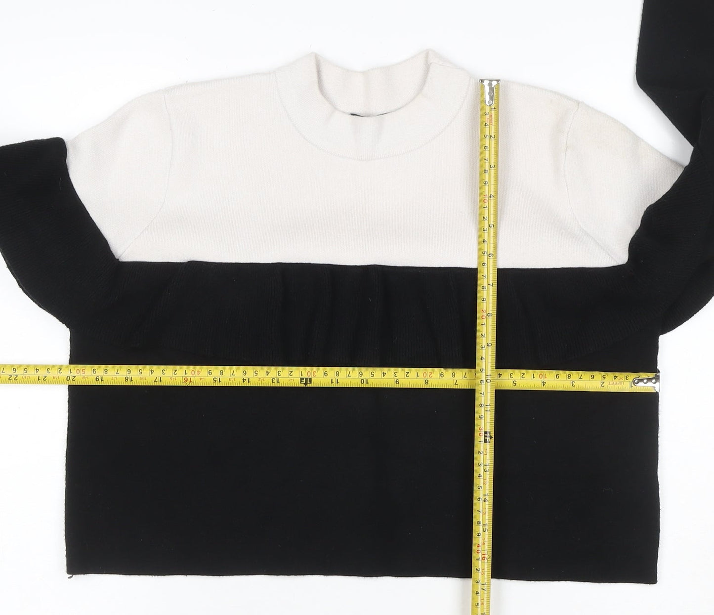 Zara Women’s Black & Ivory S Ruffle Mock Neck Colour Block Knit Jumper