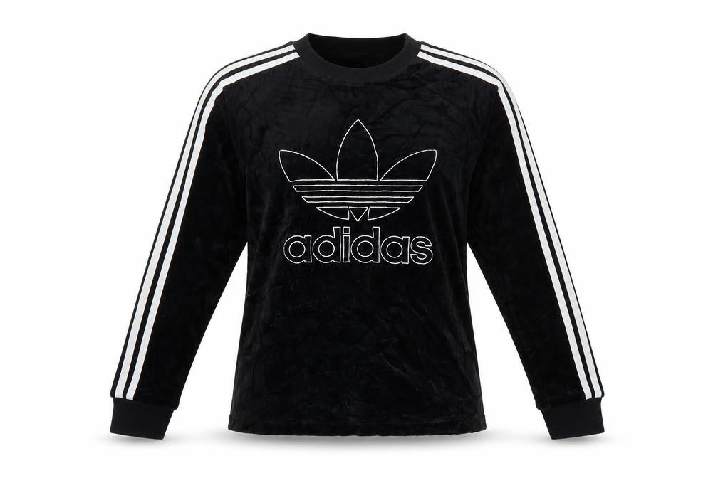 Front view of Adidas Women Black UK 8 Velour Trefoil Logo 3 Stripe Pullover Sweatshirt