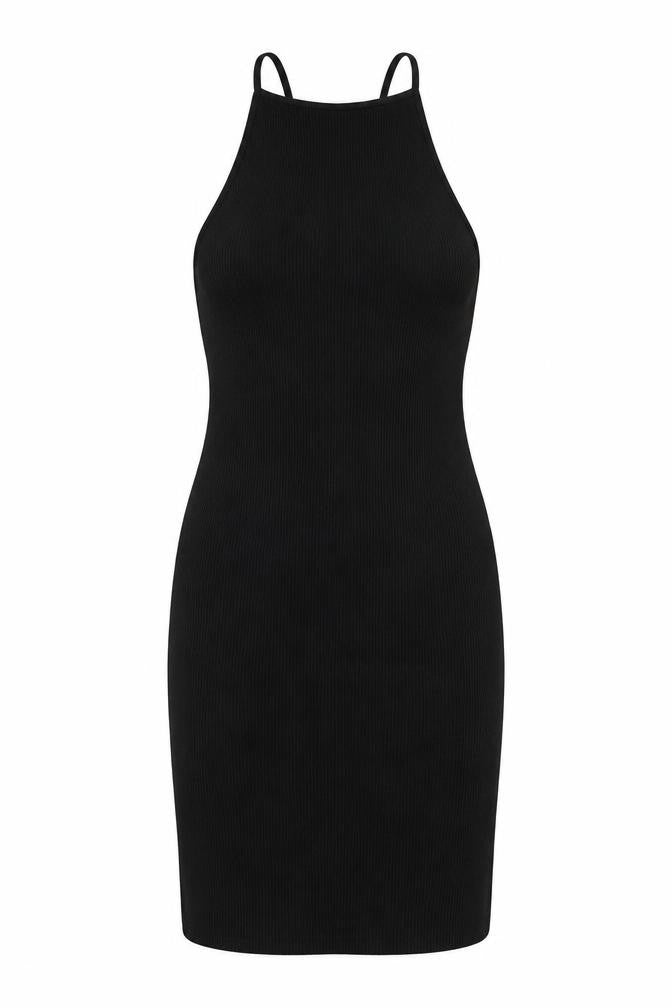 H&M Women Black L Bodycon Midi Halter Ribbed Tie-Back Dress