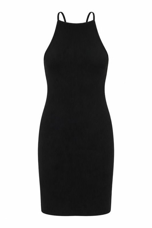 H&M Women Black L Bodycon Midi Halter Ribbed Tie-Back Dress