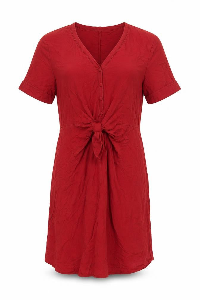 Front view of Massimo Dutti Women Red M Lyocell Knee Length Tie Waist Shirt Dress