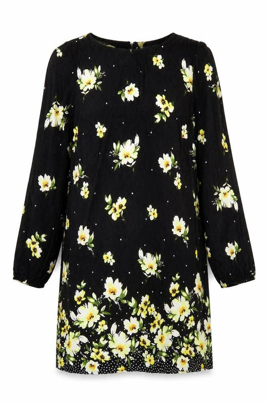 Roman Women Black Floral Long Sleeve Shift Dress UK 12 Knee Length