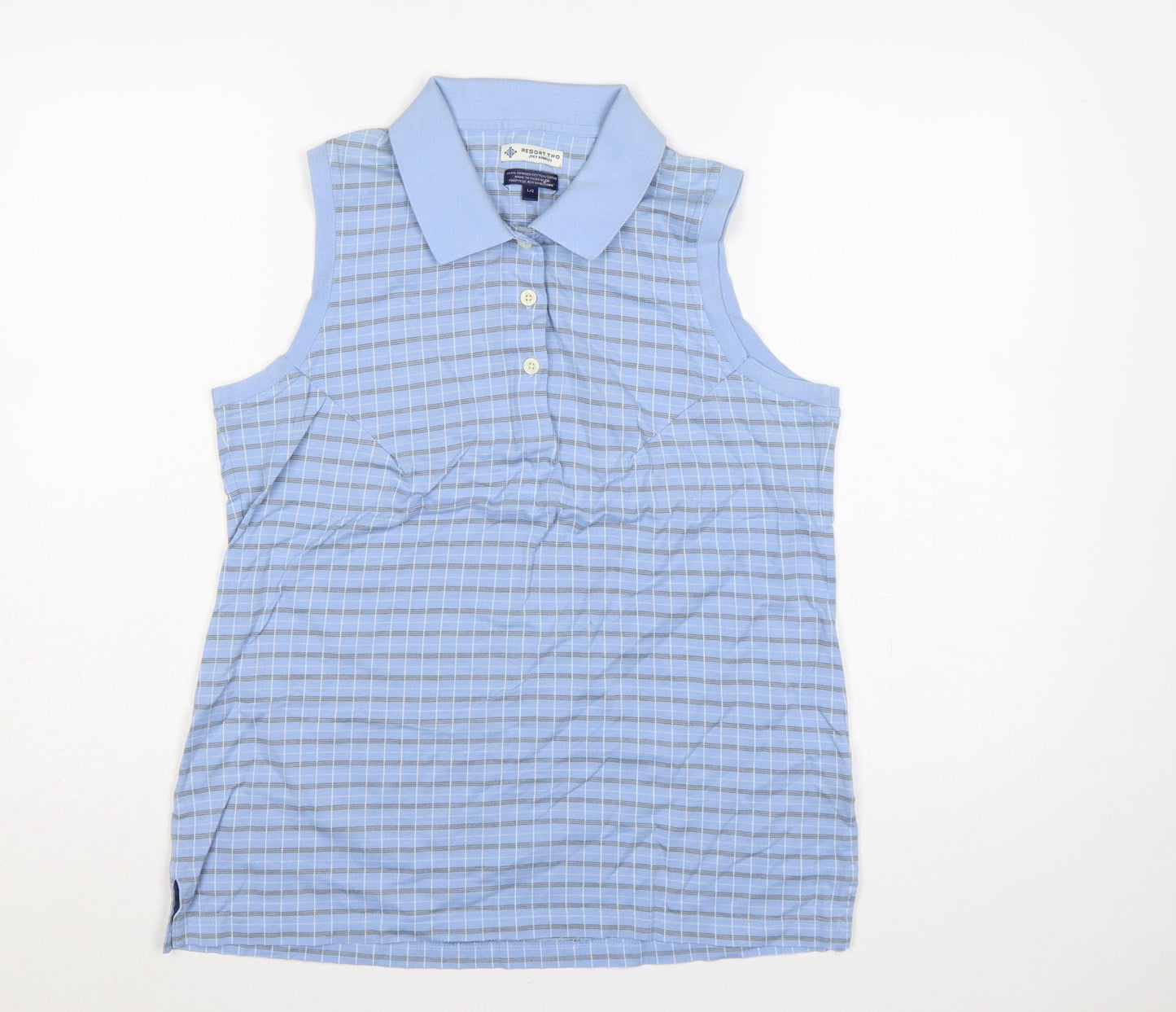 Resort Two Women Blue L Sleeveless Check Cotton Polo Top