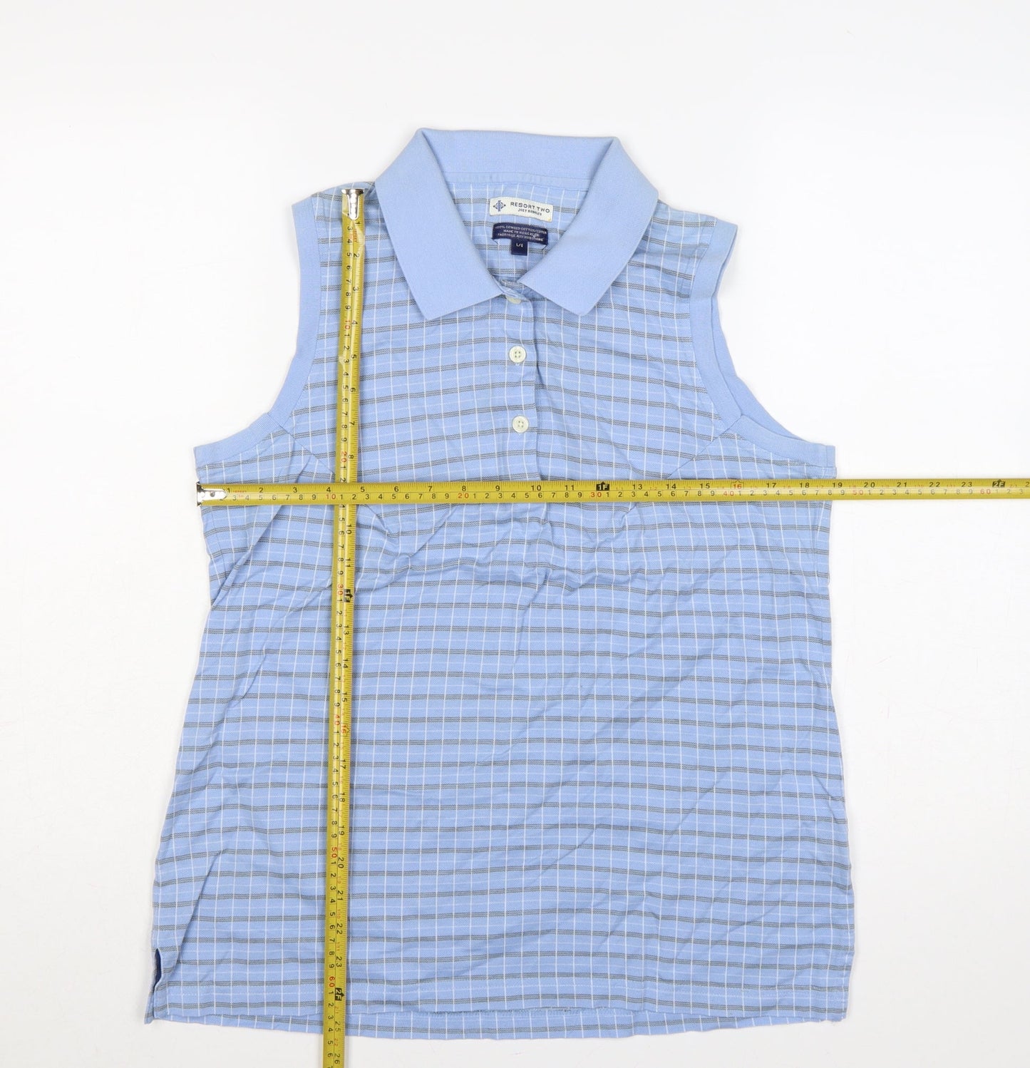 Resort Two Women Blue L Sleeveless Check Cotton Polo Top