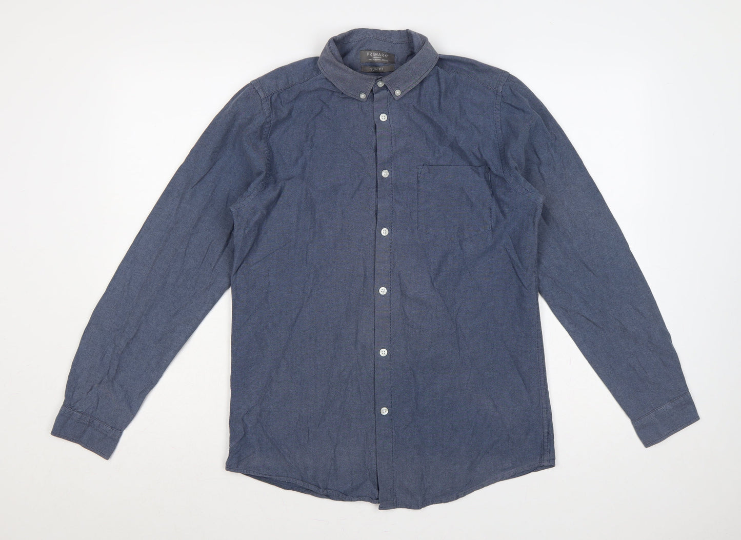 Primark Men Blue M Slim Fit Cotton Chambray Button-Down Shirt