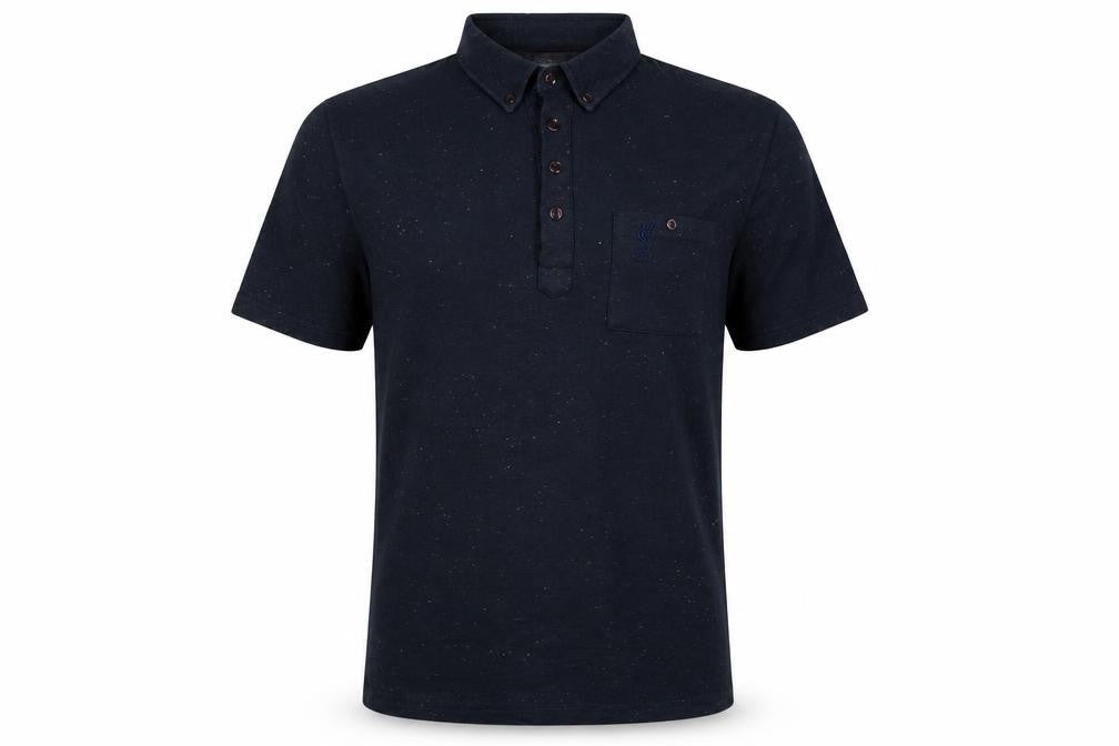 Front view of Liverpool FC Men’s Black M Button-Down Speckled Cotton Blend Polo Shirt