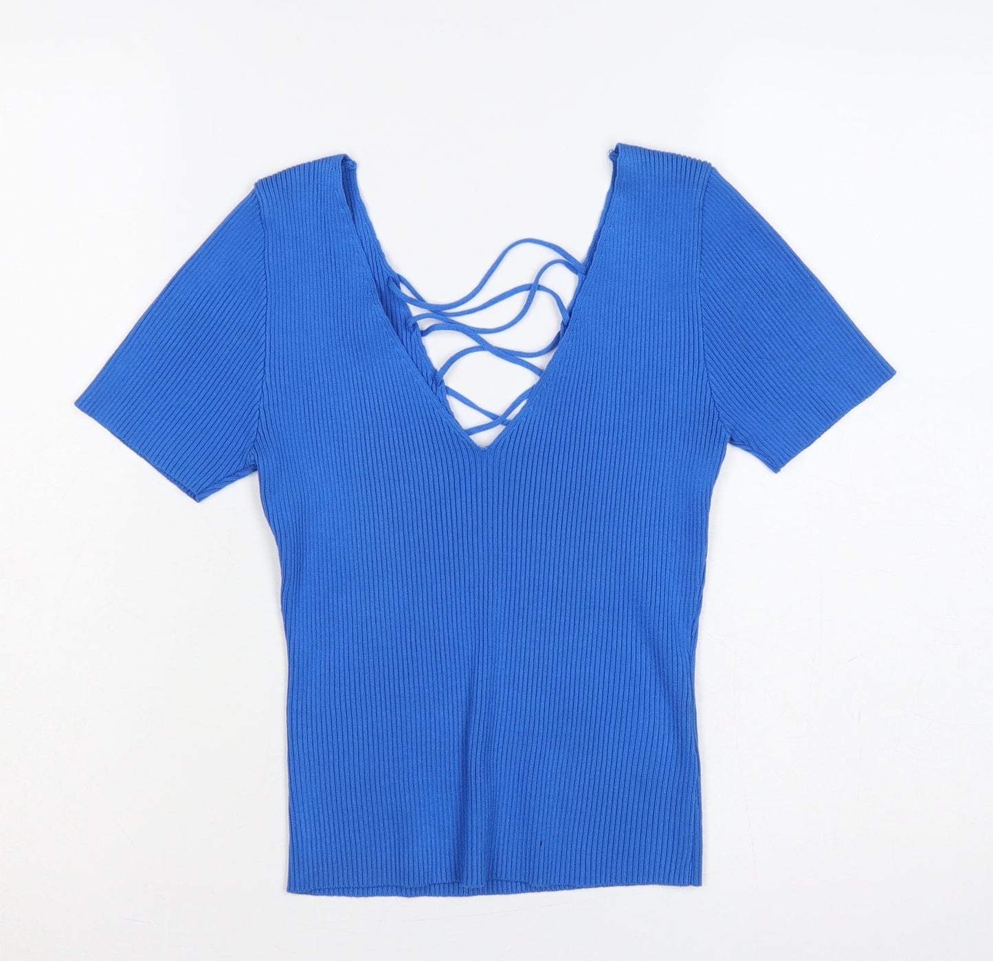 By Clara Paris Women Blue L Rib Knit Lace-Up V-Neck Top