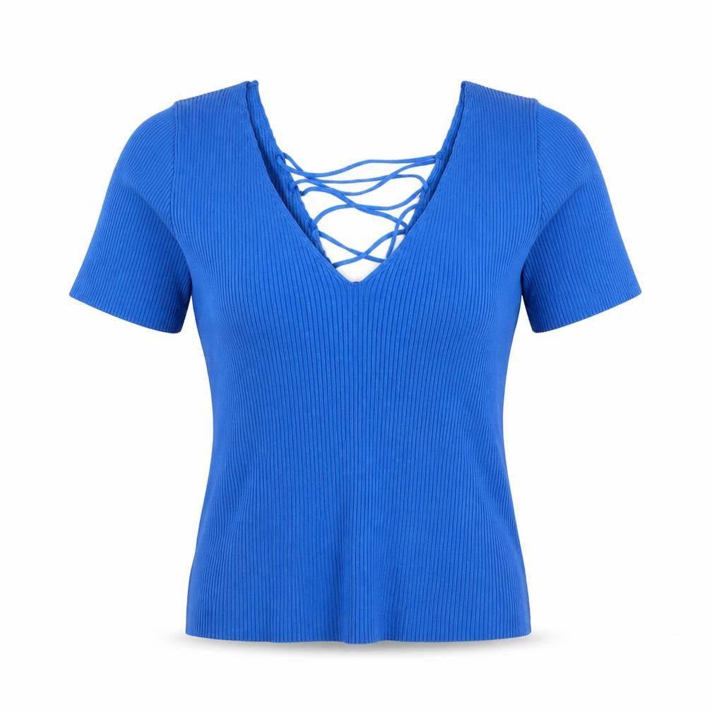 By Clara Paris Women Blue L Rib Knit Lace-Up V-Neck Top