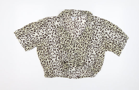 Topshop Women Brown Leopard Print Short Sleeve Button-Up Shirt UK 16