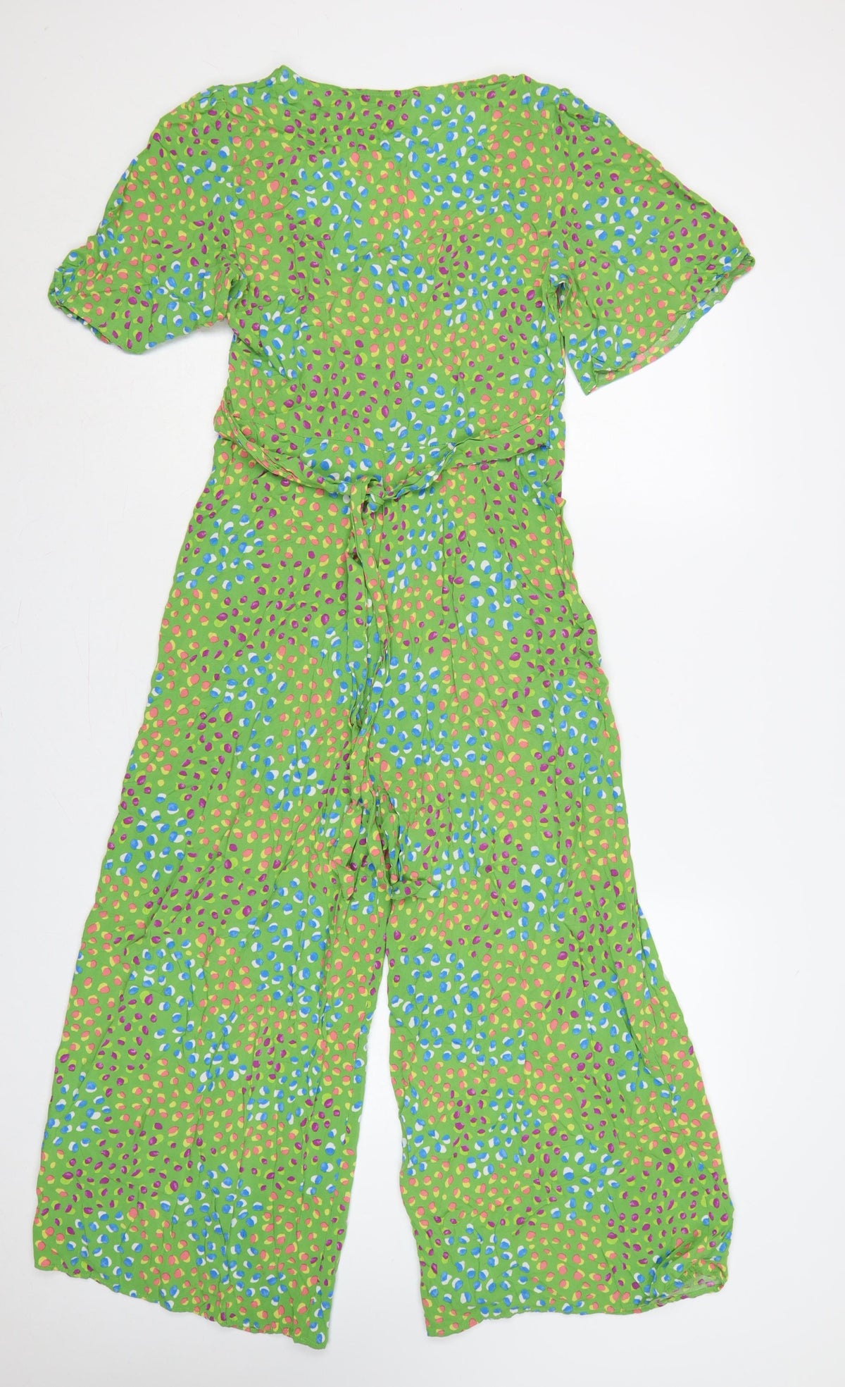 Close-up detail of Nobody's Child Women Green Spot Print Wide-Leg Jumpsuit UK 10
