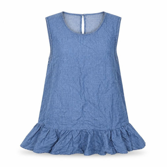 Oasis Women Blue Size 10 Chambray Sleeveless Ruffle Tunic Blouse