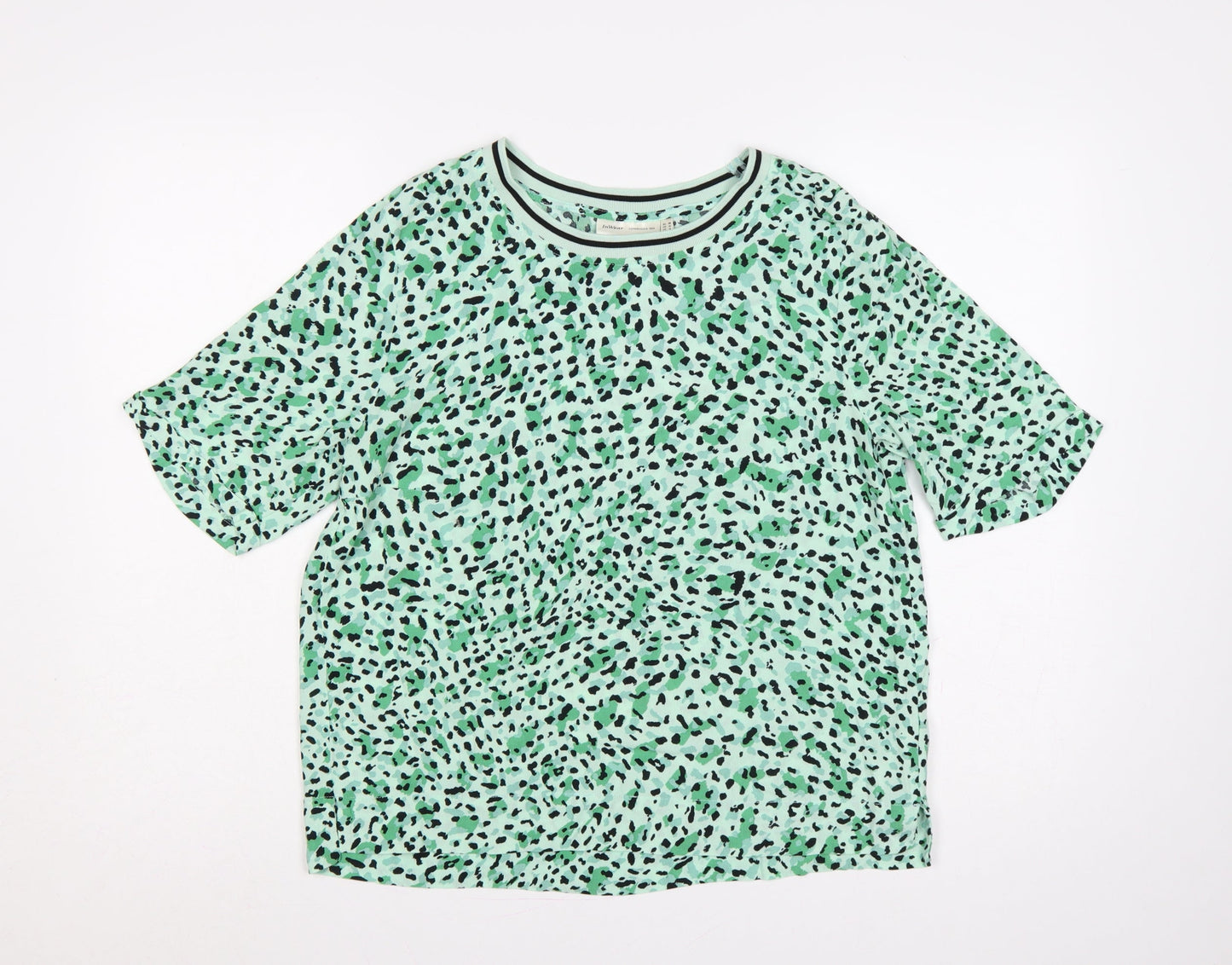 InWear Women Green Leopard Print Ringer T-Shirt UK 12 Short Sleeve