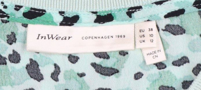 InWear Women Green Leopard Print Ringer T-Shirt UK 12 Short Sleeve
