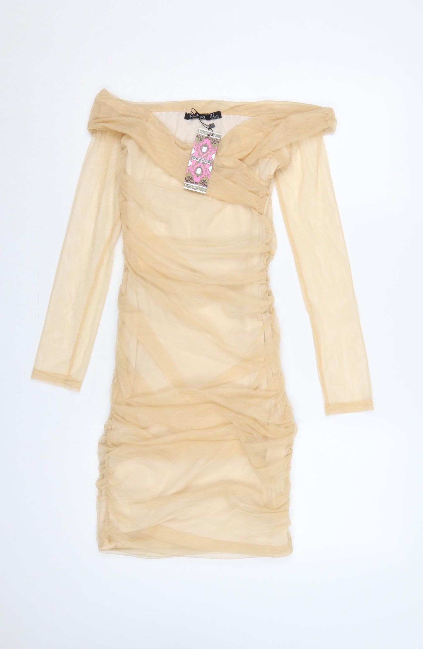 Boohoo Women Beige UK 6 Bodycon Off Shoulder Ruched Mesh Dress