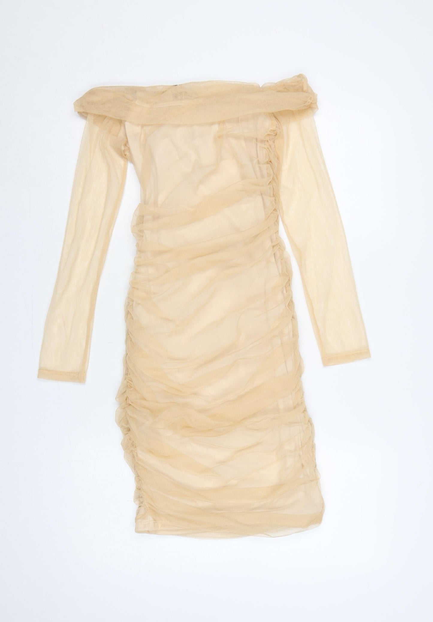 Boohoo Women Beige UK 6 Bodycon Off Shoulder Ruched Mesh Dress