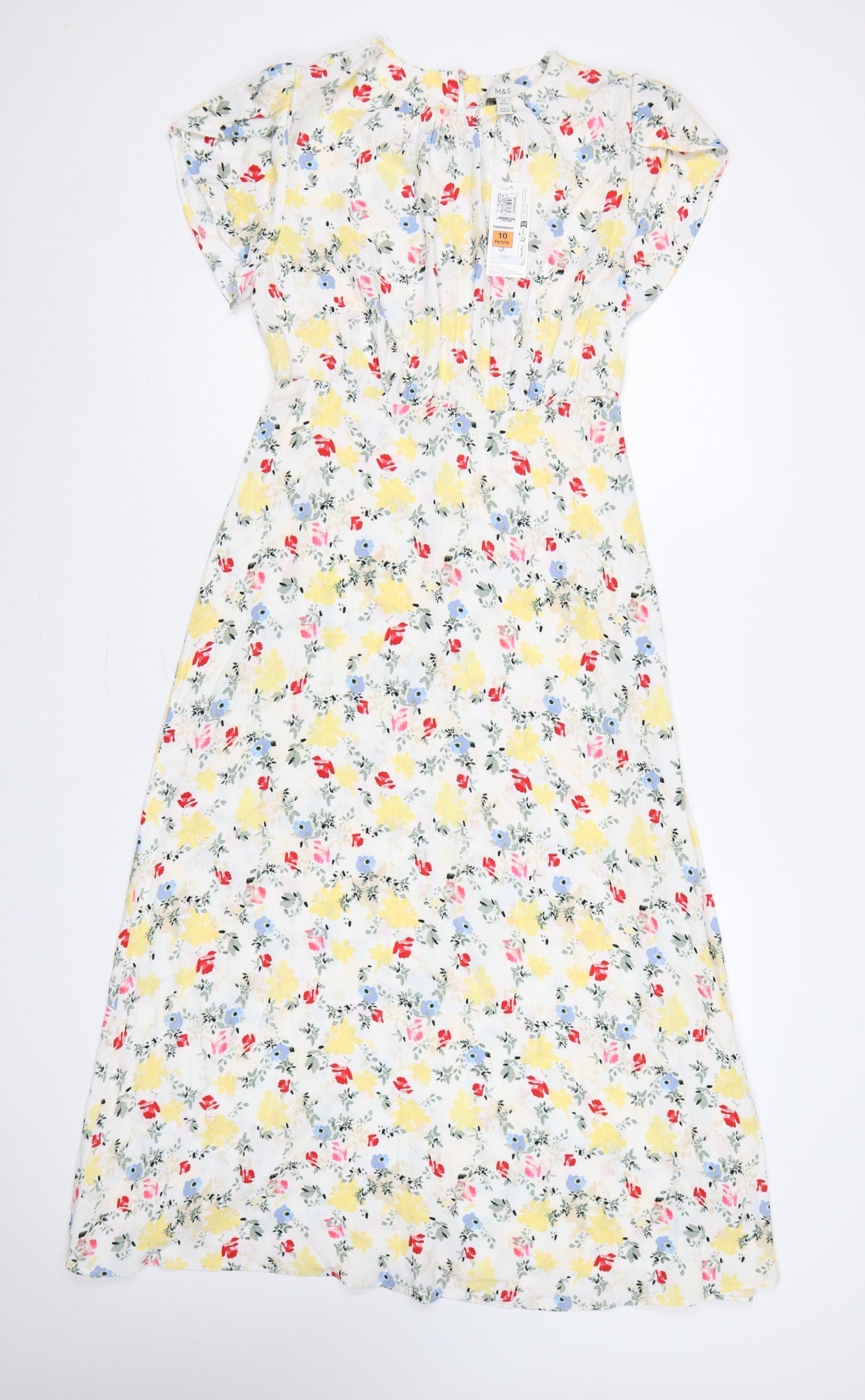 M&S Women’s Multicoloured Floral Midi Fit & Flare Dress UK 10 Petite