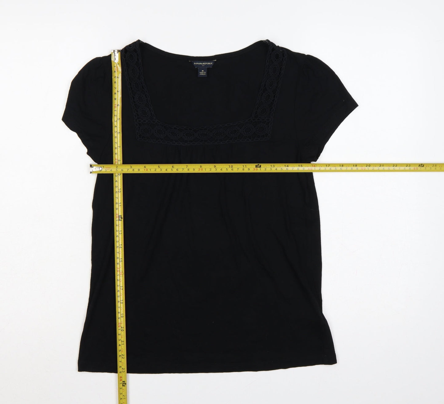 Banana Republic Women Black M Square Neck Lace Trim Short Sleeve Blouse